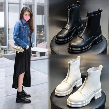 

Boots Women's Shoes Front Zipper Leather Ankle Boots Women's Fashion Boots High Heels Split Leather Motorcycle Boots