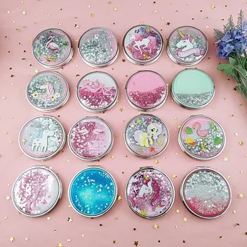 

Mini Unicorn Makeup Mirror Compact Pocket Mirror Portable Double-Sided Folding Cosmetic Mirror Gifts With flowing sparkling sand
