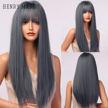 

HENRY MARGU Long Blue Gray Synthetic Wig With Bangs Straight Hair Wigs for Women Heat Resistant Cosplay Natural Daily Wigs