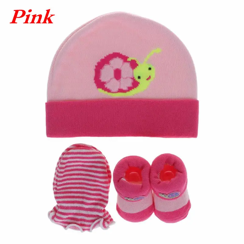 Pink 1 комплект, детская шапка, перчатки, носки Вязаная Мягкая теплая зимняя шапка для новорожденного, костюм для младенцев Осенняя эластичная дышащая одежда для мальчиков и девочек с принтом - Цвет: Pink