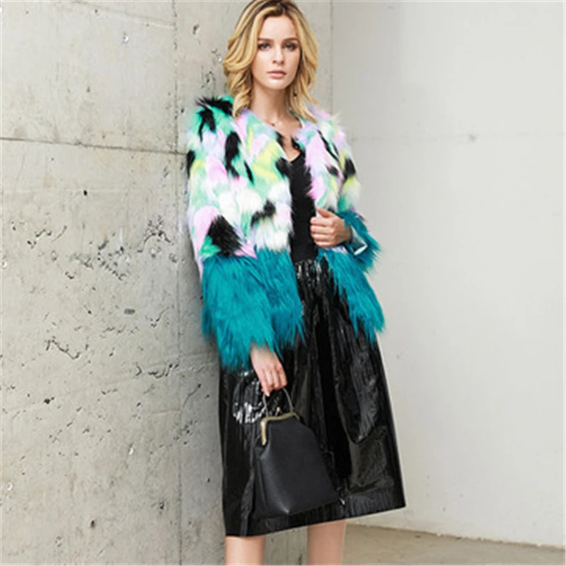 Новинка Зима 2019 двухцветное теплое пальто с имитацией меха лисы длинными