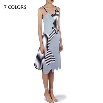 

Skirt Set Women 2 Piece Set 2020 Summer Asymmetric Black White Striped Splice Knit Camis + High Waist Wave Hem Midi Skirt Suit