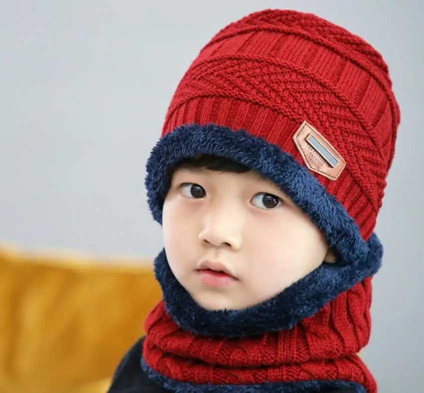 Red 2 Pcs Set Г., детский вязаный комплект из шапки и шарфа и перчаток для мальчиков и девочек, зимняя теплая плюшевая шапка, комплекты из 3 предметов новая детская Лыжная шапка, однотонные шарфы - Цвет: Red 2 Pcs Set