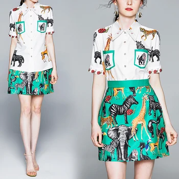 

High Fashion Summer 2 Piece Set Women Chic Animal Print Blouse Women And High Waist Mini A-Line Skirt Clothes For Women SL576