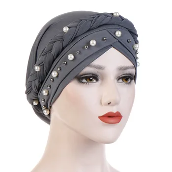 

Headscarf Cap Monochrome Braid Nailwhite Pearl Muslim Pleated Indian Hat Women Stretchable Patched Lady Scarf Turban