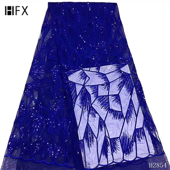 

HFX Latest French Lace Fabric 2019 Wholesale Blue Lace Fabric With Sequins Sequence Lace Fabric for Wedding Party F2854