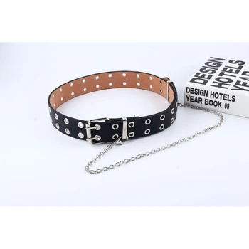 

Punk Belt Fashion PU Leather Pin Buckle with Double Row Air Eye Waistband Women Wild Waist Strap Accessories with Chain Ins T21