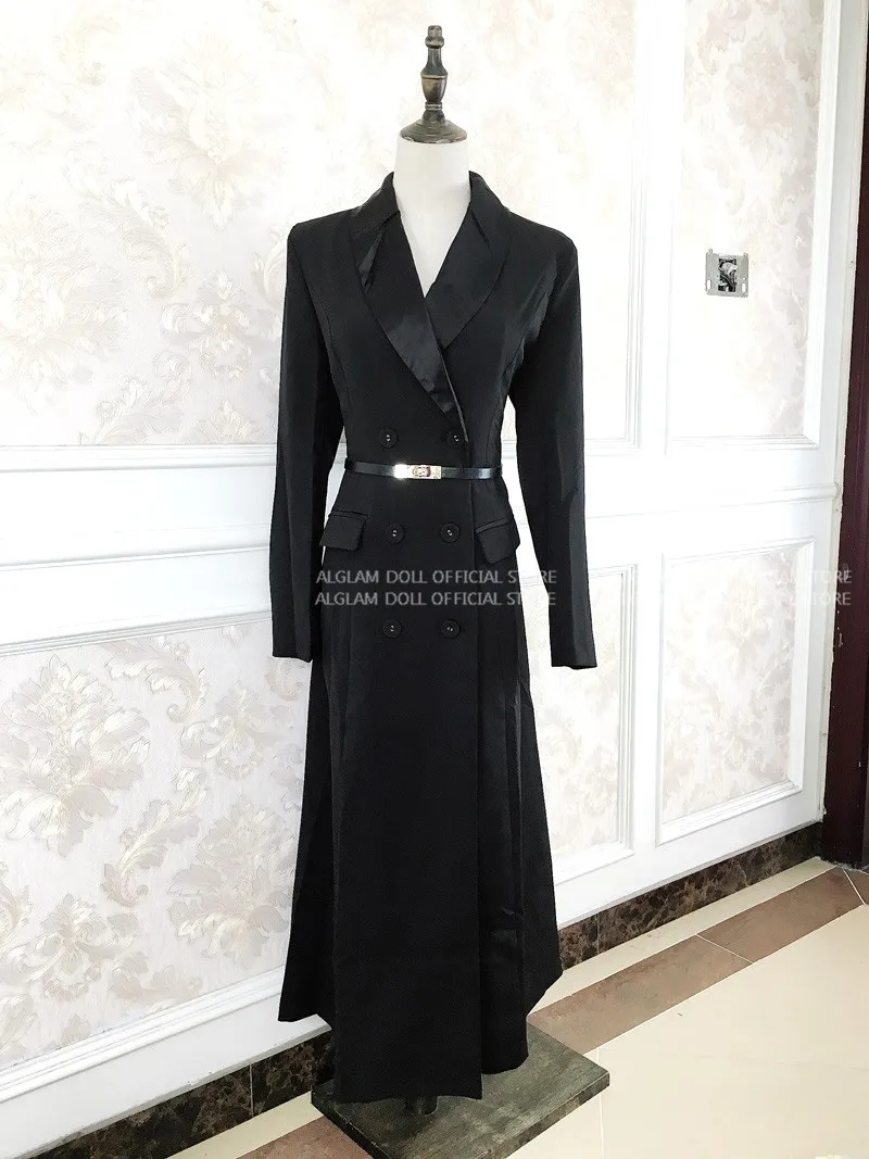 Осенний Длинный блейзер с вырезами, женский, черный, двубортный, однотонный, длиной до щиколотки, повседневное пальто, верхняя одежда