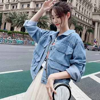 

2020 Fashion Spring And Autumn Denim Short Coat Tooling Big Pocket Jacket Female