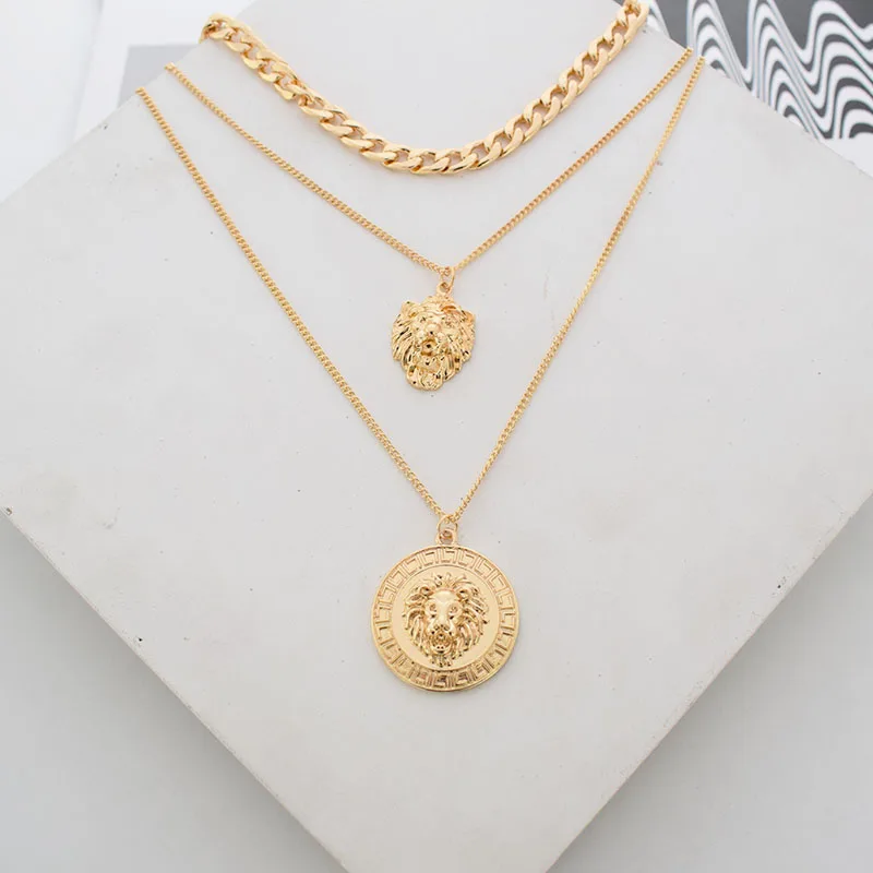 Ожерелье в стиле панк, металлический, золотой, многослойный из цепочек, с рисунком льва, круглый магнит для монет, ожерелье для женщин, вечерние - Окраска металла: Gold