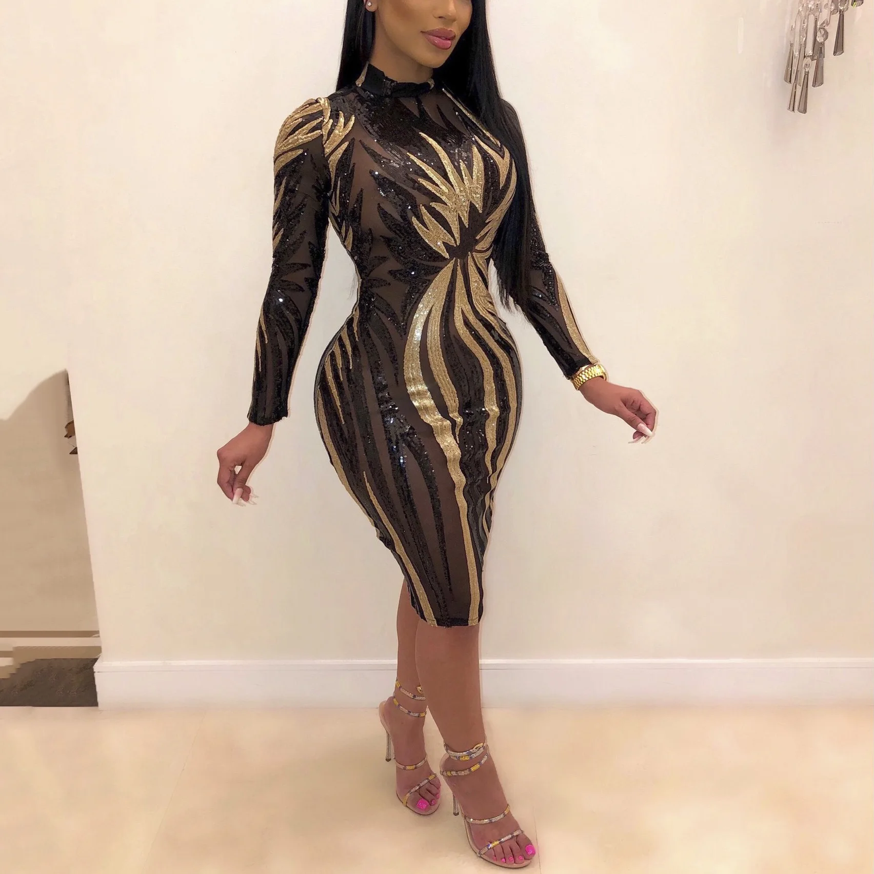 

Long Sleeve Sequined Elegant Evening Dress High Waist Bodycon See Through Sexy For Night Party Club Cloth Transparent Midi Dress
