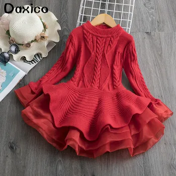

Autumn Winter Children Girl Kitting Dress Lace Long Sleeve Children Dresses Round Collar Flower Clothing Child Birthday Gift