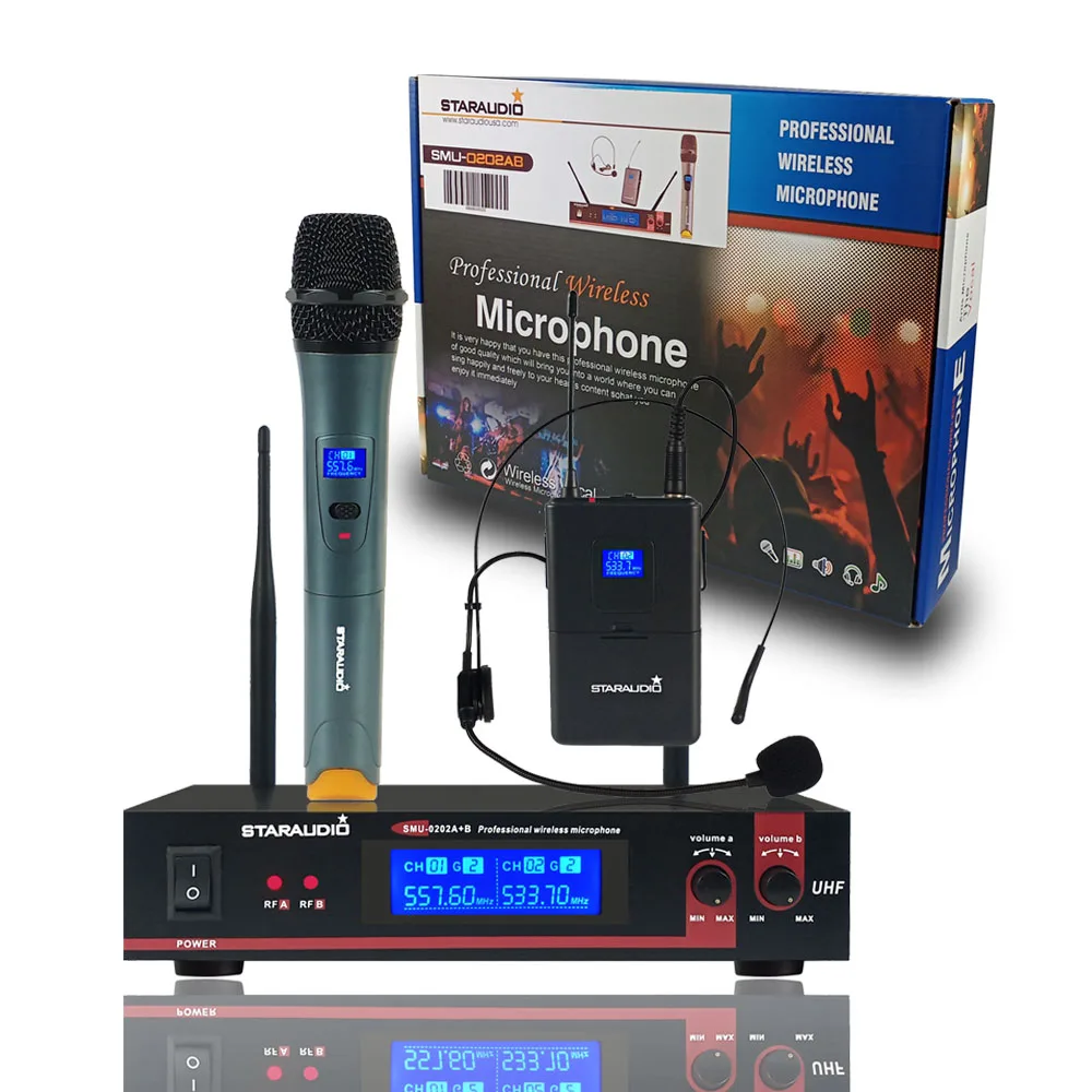 2 Channel UHF Wireless Microphone System 1CH Handheld Mic Headset Lapel Lavalier Earphone For Stage Church SMU-0202AB | Электроника