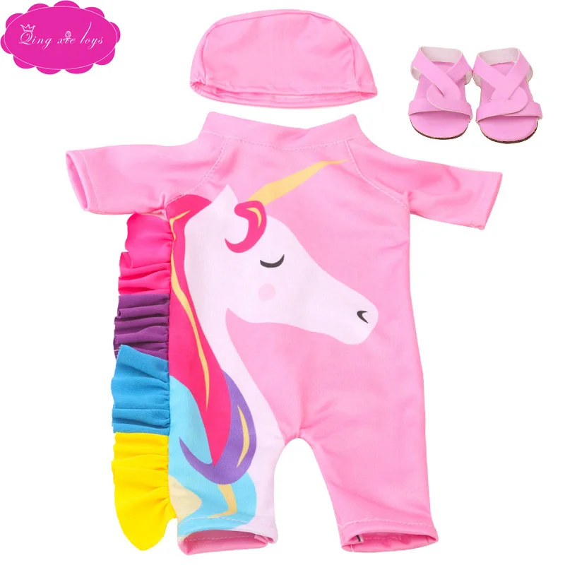 Pink unicorn 18 дюймов, с круглым вырезом, для девочек костюм «Единорог», платье с изображением Белоснежки с обувью Американский новорожденных юбка Микки детские игрушки подходит 43 см для ухода за ребенком для мам, детские куклы, c76 - Цвет: Pink unicorn