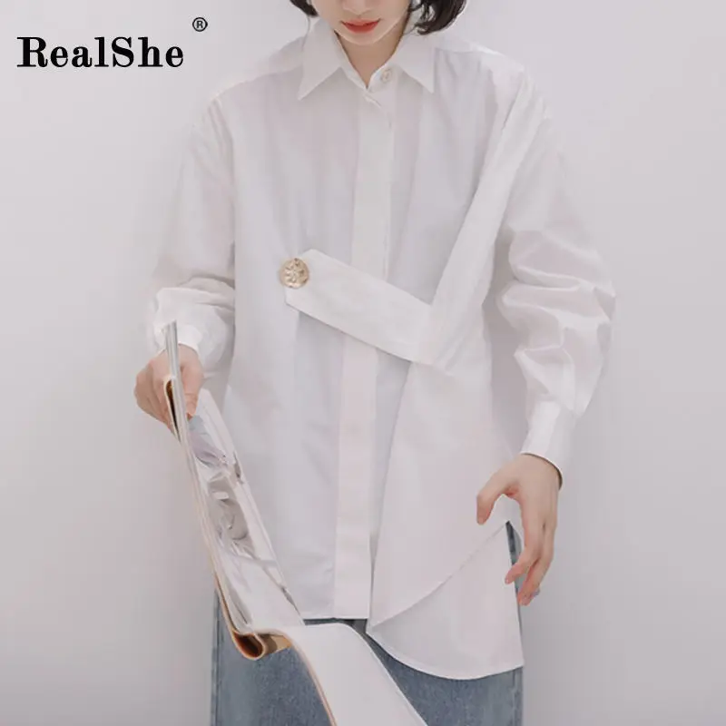 

RealShe White Blouse Women Turn-Down Collar Full Sleeve Buttons Solid Womens Tops And Blouses Spring Autumn Casual Womens Shirt