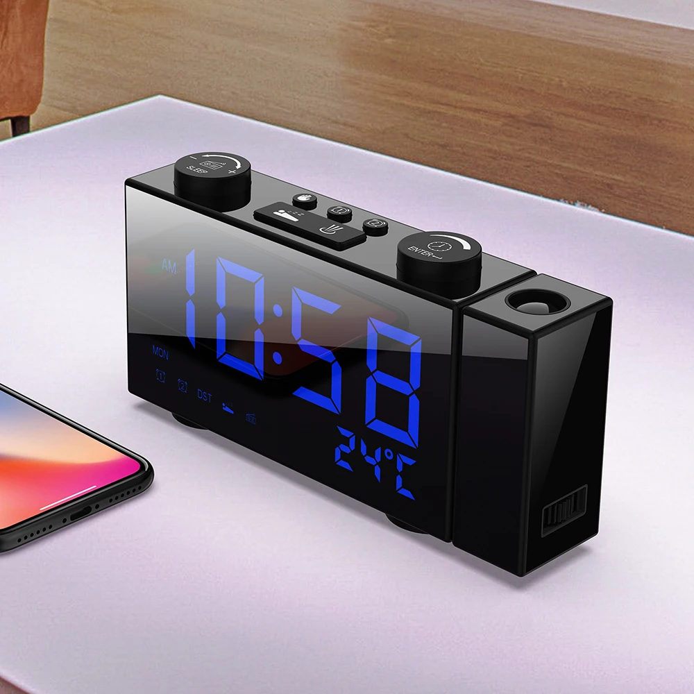 Digital Alarm Clock FM Projection Radio Alarm Clock with Snooze Thermometer Table Clock USB LEDs Alarm Clocks