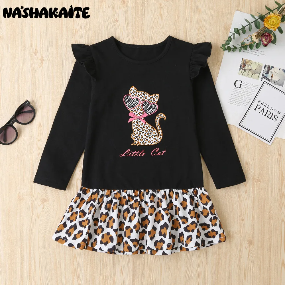

NASHAKAITE Girl Dress Leopard Cat Print Dress For Baby Girl Long Sleeve Kids Dress Fashion Children Casual Clothes