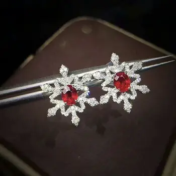 

MeiBaPJ Myanmar Natural Ruby Snowflake Stud Earrings Real 925 Sterling Silver Red Stone Earrings Fine Charm Jewelry for Women