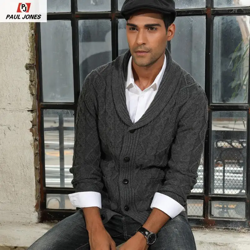 PAUL JONES Mens Knitted Cardigan Sweater Shawl Lapel Long Sleeve Cable Pattern