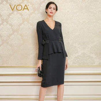 

VOA Plus Size Silk Midi Dress Women Sexy Office Ladies High Waist Pencil Dresses V Neck sukienki Elegant vestido Belt za A5345
