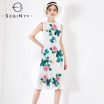 

SEQINYY Vest Dress 2020 Summer Spring New Fashion Design Women Vest Pink Rose Flower Print Sheath Knee Dress