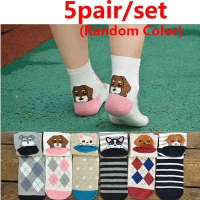 5 пар/лот; хлопковые носки с принтом животных из мультфильмов; сезон осень-зима; повседневные модные милые забавные носки для девочек; женские короткие носки - Цвет: Color 6