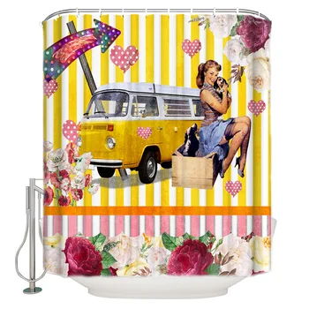 

Retro Girl Farm Sunflower Pickup Bathroom Curtain Polyester Fabric With 12 Hooks Waterproof Shower Curtain