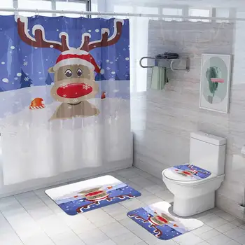 

Christmas Bath Mat Set Snowman Shower Curtain Waterproof Non-Slip Bath Mat Toilet Seat Cushion Set00