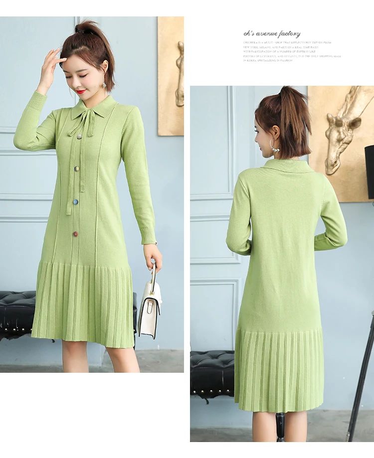 Bowknot Women Knit Dress Turn Down Pleated Hem Midi Knit Dress Korean Sweet Elegant Slimming Autumn Winter Women Dress