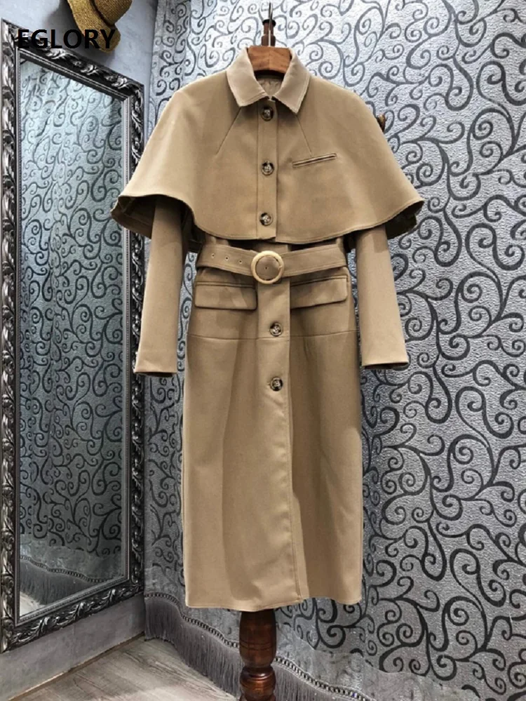 

High Quality Designer Clothing Sets 2020 Autumn Winter 2pc Set Women Cape Poncho Coat+Button Front Midi Khaki Dress Sets & Suits