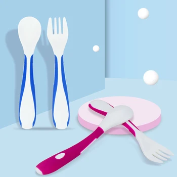 

2PCS/SET Fork Spoon Suit Portable Training Forks Spoons Babies Tableware Bending Spoon Head Set Gadgets