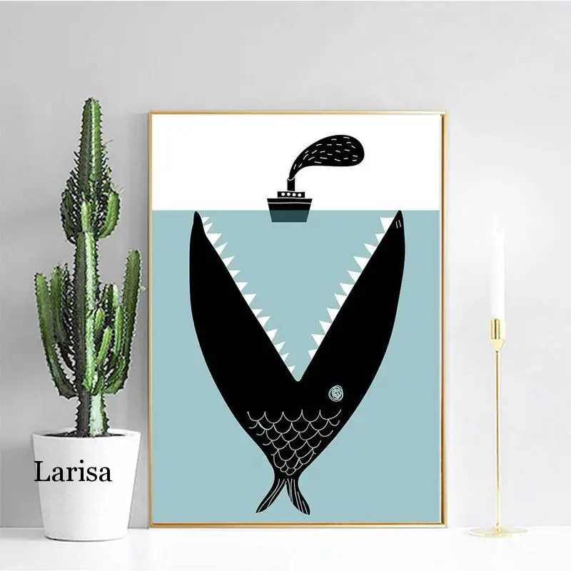 

Cartoon Art Print Poster Nordic Minimalist Wall Picture Fish Boat Sea Canvas Painting Kids Room Home Decor