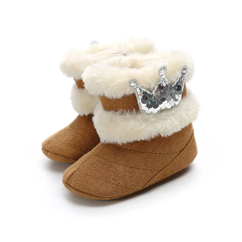 TOPATY Newborn Infant Baby Girl Winter Warm Crown Fur Mid-Calf Length Slip-On Furry Boots 0-18M New Zapatos De Bebe Snow Booties - Цвет: Brown Sliver