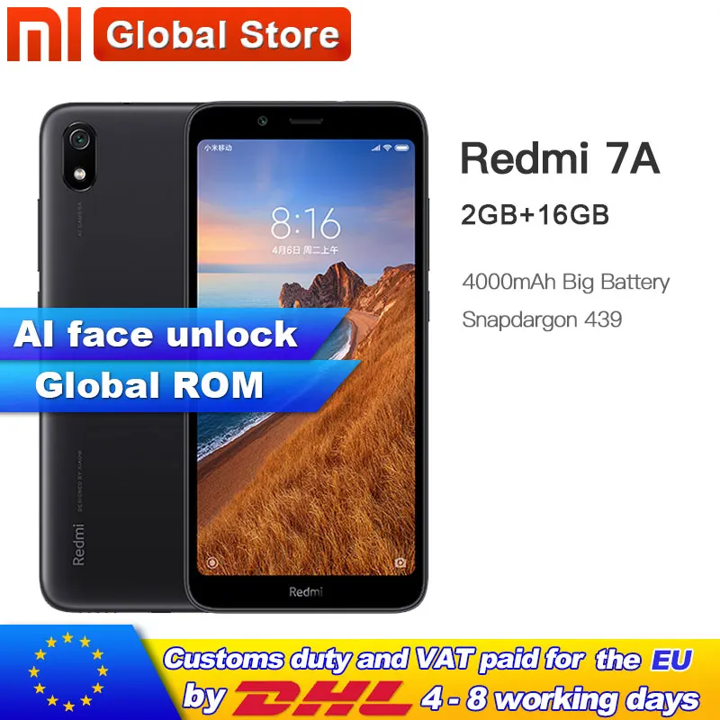 

Global Rom Xiaomi Redmi 7A 7 A 16GB ROM 2GB RAM 5.45" Snapdargon 439 Octa core Mobile Phone 4000mAh 13MP Camera Smartphone