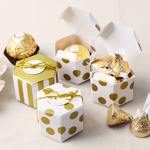 10 шт. мини золотая полоса в горошек Подарочная коробка Шестигранная Свадебная коробка конфет бронзовая коробка конфет упаковка для выпечки Свадебные украшения для вечеринки