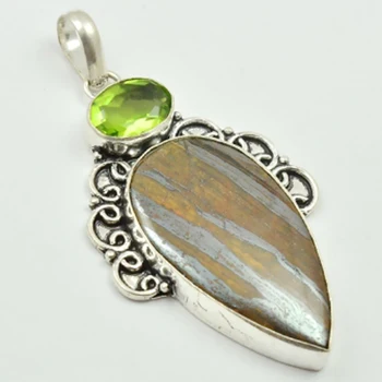 

Iron Tiger Eye & Peridots Pendant Silver Overlay over Copper , 68 mm, P3310