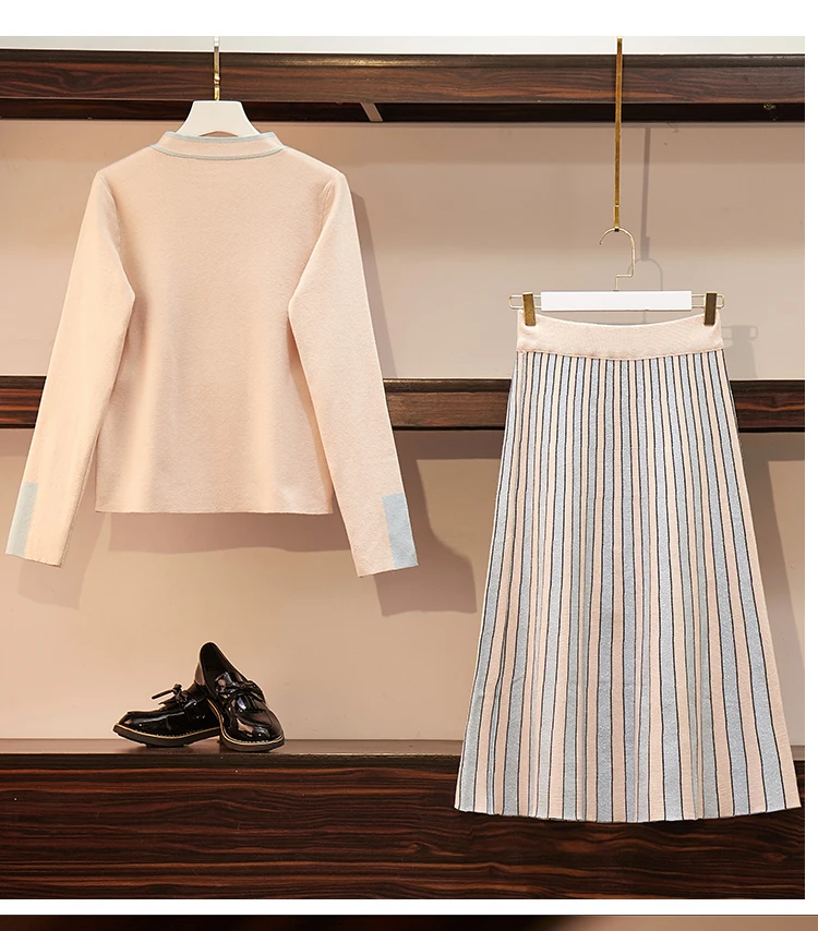 HAMALIEL/модный осенний вязаный женский комплект 2 шт. большого размера свободный свитер с длинными рукавами и бантом+ плиссированная юбка в полоску средней длины