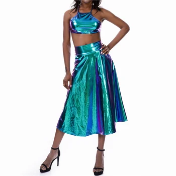 

Shiny Holographic Women Two Piece Set Hot Halter Backless Criss Cross Bandage Crop Tops Wet Look Mid Calf Skirt Club Ouitfits