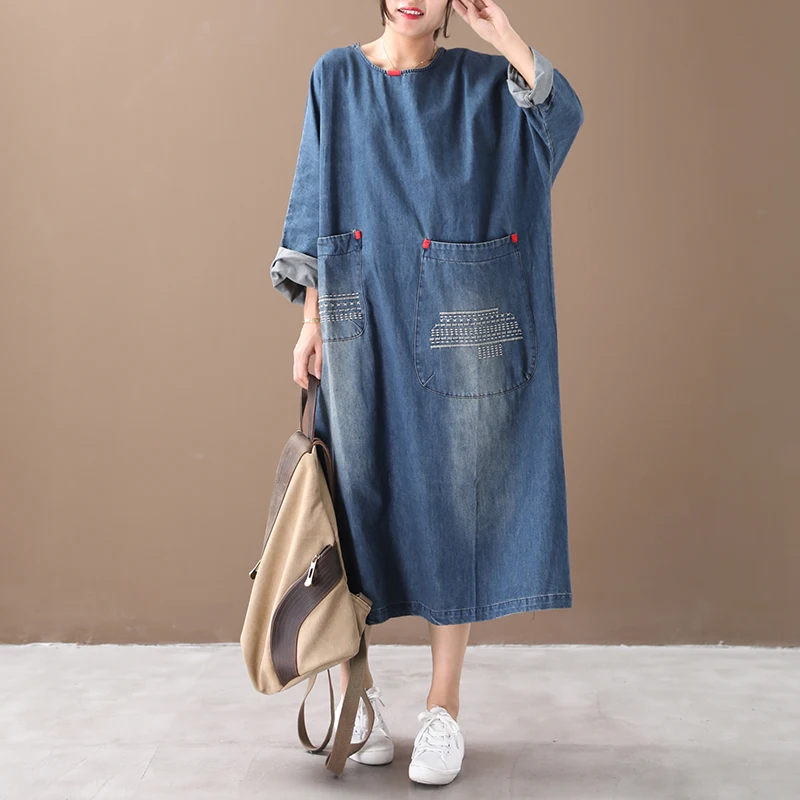 

New Fashion 2019 Summer Autumn Simple Round Neck Long Sleeve Embroidery Pockets Back Split Large Size Denim Dress Women N459
