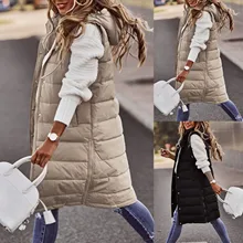 Women's Long Coat Vest With Hood Autumn Winter Sleeveless Warm Cotton Down Coat Waistcoat Quilted Vest Down Jacket Outwear 5XL