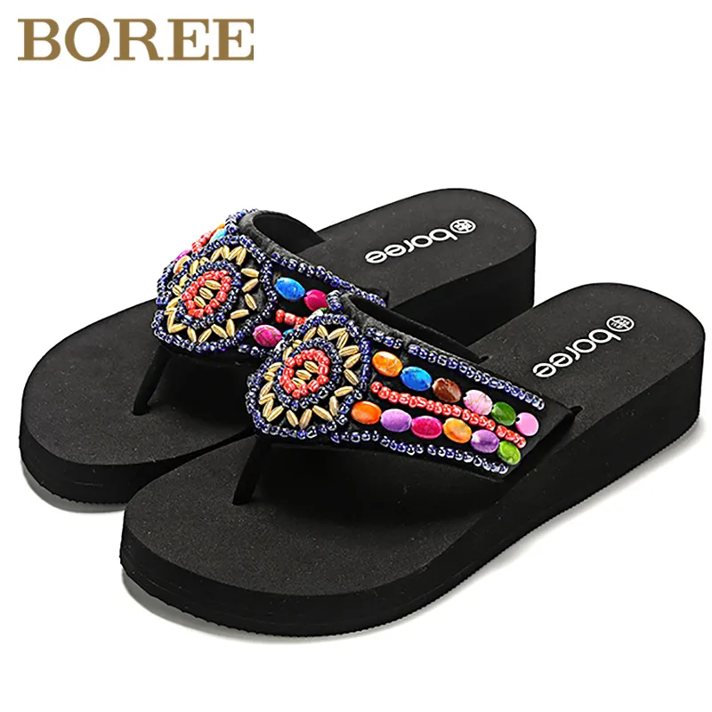 Boree Ethnic Style Flip Flops Women Summer Wedges Platform Shoes Hollowing Out Hand String Bead Beach Slippers EVA femme Sandals