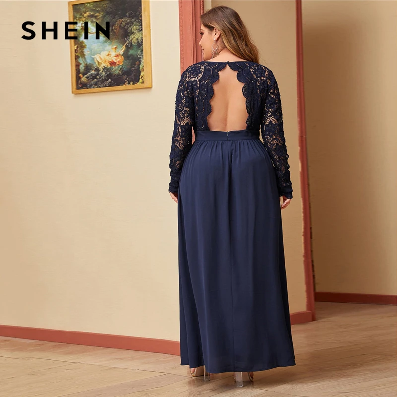 SHEIN, платье размера плюс, темно-синее, с открытой спиной, гипюр, кружевной лиф, платье для женщин, длинный рукав, v-образный вырез, высокая талия, гламурные сексуальные платья макси