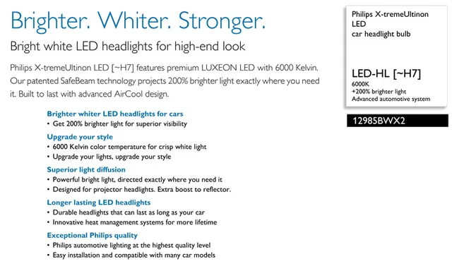 Philips X-treme Ultinon LED H7 12V 12985BWX2 6000K Bright Car LED Headlight  Auto HL Beam +200% More Bright Stylish (Twin Pack) - AliExpress