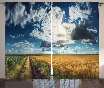 

Country Curtains Agricultural Panorama of Wheat and Corn Fields and Pathway Rural View Living Room Bedroom Window Drapes Blue