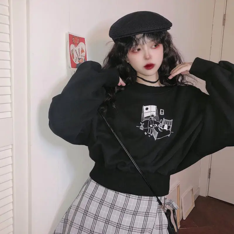 Осень и зима корейский Harajuku свободный короткий секционный пуловер с длинным рукавом Ретро Толстовка