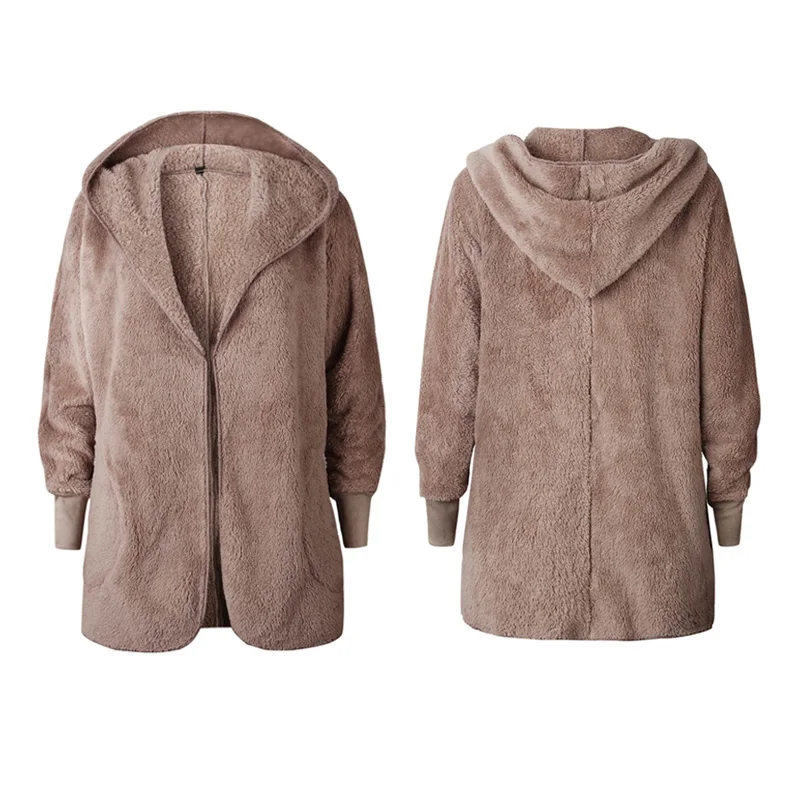 05 Camel Coat Элегантное бежевое плюшевое пальто, женский кардиган с длинным рукавом, на молнии, с капюшоном, флокированное пальто, одноцветное, теплое, дикое, тонкое, плюшевое пальто - Цвет: 05 Camel Coat
