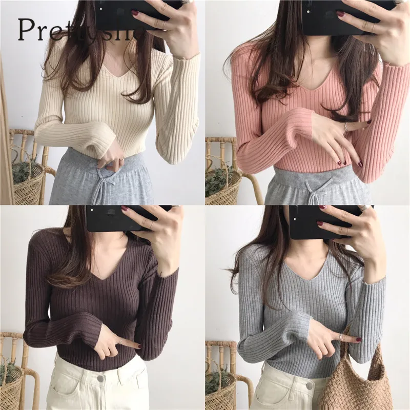 

2020 Basic V-Neck Solid Autumn Winter Sweater Pullover Women Female Knitted Slim Long Sleeve Bodycon Sweater Cheap Korean Tops