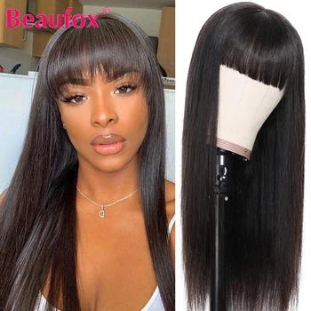 Beaufox Brazilian Straight Human Hair Wigs With Bangs Remy Full Machine Made Human Hair Wigs For Women 8-28 Inch Fringe Wig 1