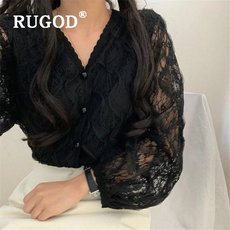 RUGOD, Сексуальная кружевная блузка с v-образным вырезом, женские блузки с длинным рукавом, элегантный милый топ, корейская модная одежда, женские рубашки, одежда Kawaii