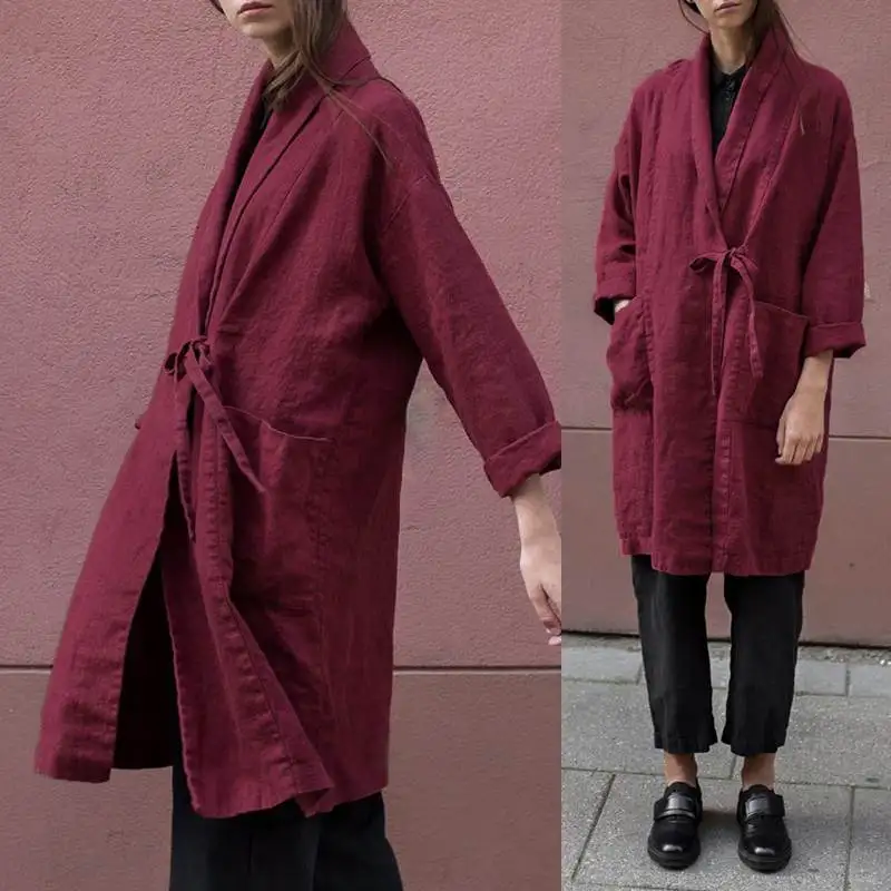 

Elegant Cotton Trench Women's Coats 2019 ZANZEA Casual Lace Up Lapel Outwear Female Long Sleeve Tops Casaco Feminino Cardigans